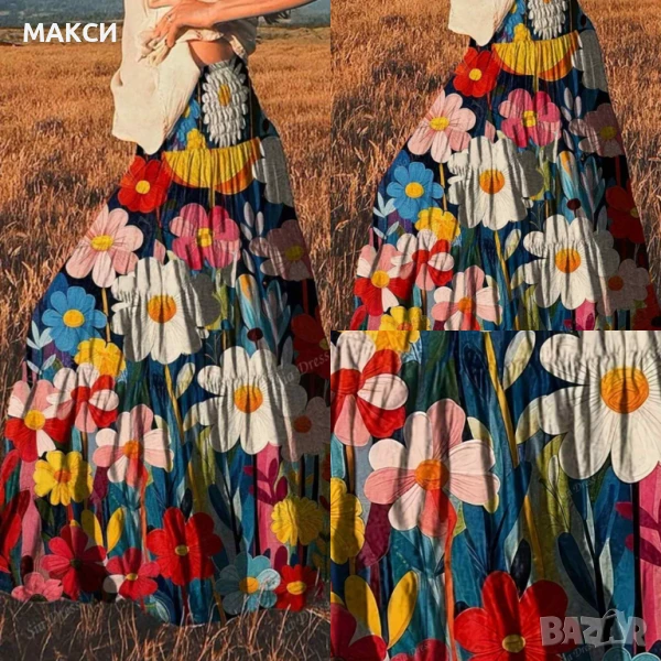 Макси разкошна ефирна клоширана дълга пола с широка ластична талия на красиви пъстри и ярки цветя, снимка 1