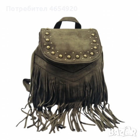 Велурена дамска раница с ресни и метални нитове – бохо стил и практичност, снимка 3 - Чанти - 52467042