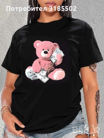 Дамска тениска за пролет и лято с къс ръкав, кръгло деколте и принт на мече, снимка 9 - Тениски - 51195034