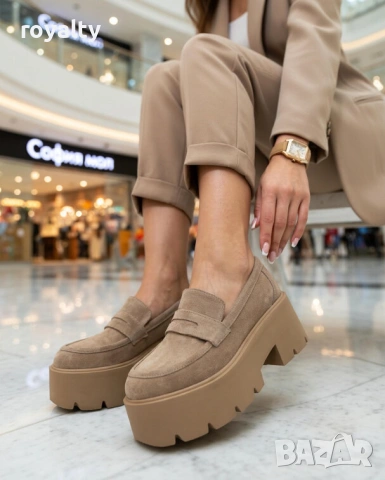 Обувки на платформа - бежов велур, снимка 2 - Дамски ежедневни обувки - 54113164