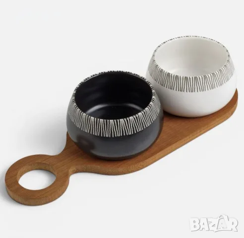 Бамбукова ордьовъриера с 2 отделения и керамични купички, 27.5x10x6 см.