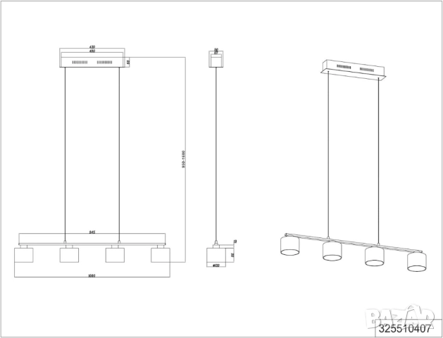 Пендел Trio Alegro 325510407 LED  4 x 6W, 2520lm, 3000K, Димиращ, Регулируема Височина, Матов Никел!, снимка 4 - Лампи за таван - 52539778