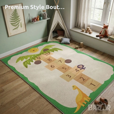 Детски килим за игра 120х160см - Бял килим с динозавър и дама-палма, противоплъзгащ и миещ се, снимка 6 - Други стоки за дома - 53922512