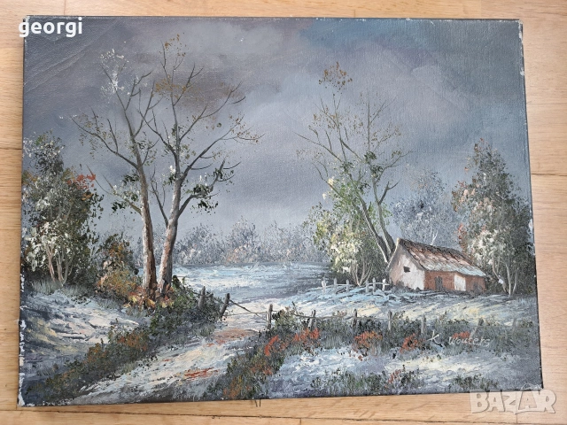 стара авторска картина зимен пейзаж маслени бои върху платно М1