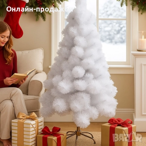 Изкуствена коледна елха в бяло – пухкав снежен ефект