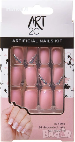 Комплект изкуствени нокти Art 2C в прасковен цвят с декорация от кристали 💎, снимка 2 - Продукти за маникюр - 53140671