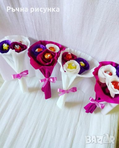 Букети с три рози и бонбони, снимка 1