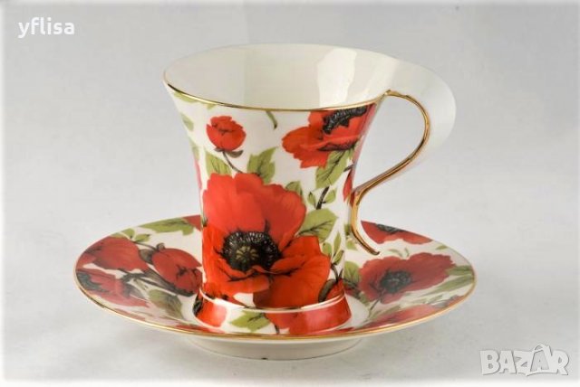  Чаши с чинийка за чай/кафе от фин порцелан с Мак, снимка 2 - Чаши - 31418708