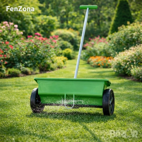 Градинска сеялка 6L с колела – разпръсквач за семена, торове, пясък и сол с 5-степенно регулиране, снимка 3 - Градински инструменти - 53931117