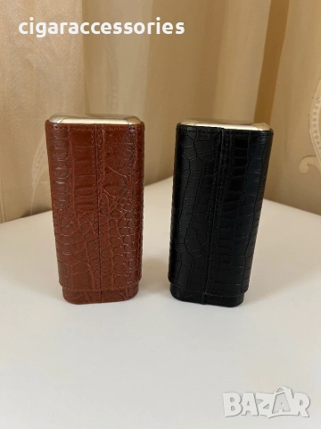 Кожен калъф за 3 пури с кедрово дърво + резачка (крокодилски ефект)