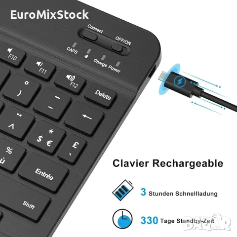 Ултра тънка безжична Bluetooth клавиатура Jademall, Презареждаема AZERTY подредба, снимка 6 - Клавиатури и мишки - 55911100