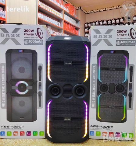 -50лв🔊 Xbass 200W 6000mah Професионална караоке тонколона ABS-12202 – 12”×2, Bluetooth, 2 микрофонa, снимка 5 - Тонколони - 51831064