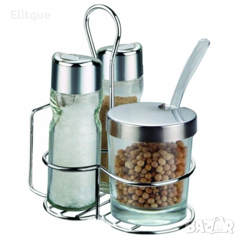 Комплект за маса Bohmann за сол, пипер и захар, поставка с място за салфетки, Стъкло, неръж. стомана, снимка 6 - Други - 52889014