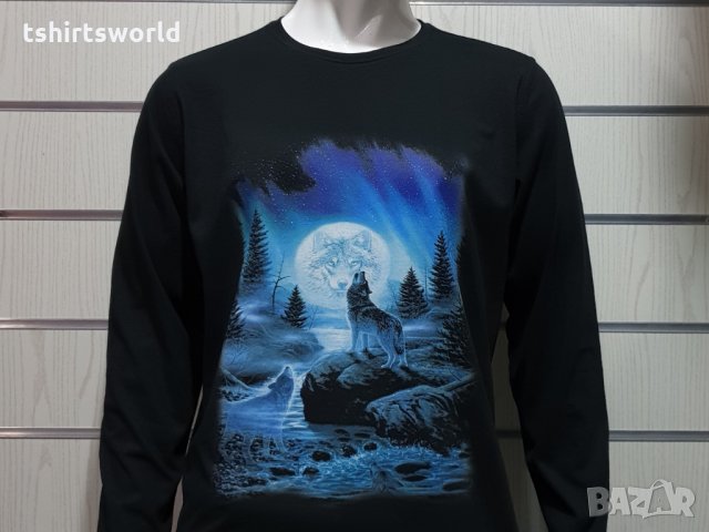 Нова мъжка блуза с дълъг ръкав и дигитален печат Вълк, пълнолуние, Серия Вълци, снимка 5 - Блузи - 30647795