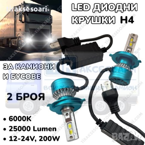 LED Диодни крушки за камиони, бусове H4 200W 12-24V +200%, снимка 1 - Аксесоари и консумативи - 40271511