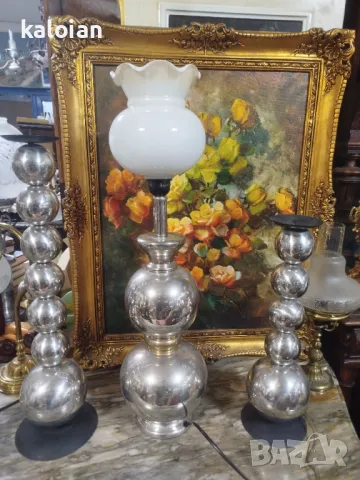 Месингов посребрен комплект лампа със свещници стил Арт Деко. Испанска ръчна изработка. Запазен е ет, снимка 6 - Настолни лампи - 48080875