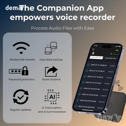 Диктофон с изкуствен интелект, приложение с глас към текст и обобщение, 64 GB памет, черен, снимка 3 - Други - 49676834