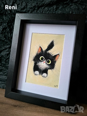 Черно коте, илюстрация въглен, оригинал, снимка 2 - Картини - 54029847