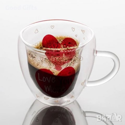Стъклена чаша с двойно стъкло Сърце Love You More 240 мл, снимка 4 - Чаши - 39216222