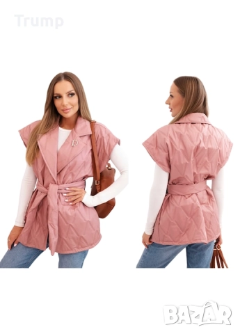 Дамски ватиран елек, колан на талията, полиестер, розов, M-XL, снимка 3 - Елеци - 51783204