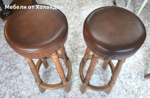2 дъбови бар стола с естествена кожа, снимка 2 - Столове - 52278030