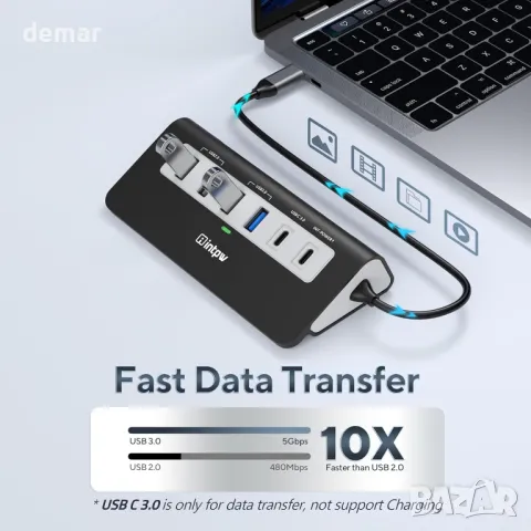 USB C хъб, 9-в-1, 4K HDMI, 2USB-A 3.0, PD 100W, 2USB-A 2.0, USB-C 3.0, SD/TF, снимка 5 - Друга електроника - 50268249