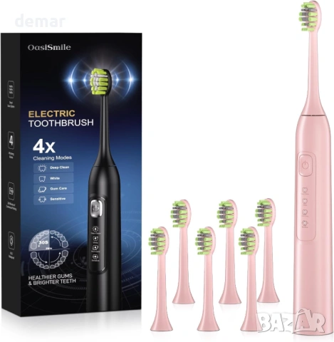 Електрическа четка за зъби за възрастни, 42000 VPM, 6 глави, 4 режима, розова