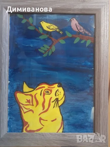 Рисунка Коте и птички в рамка 23х18 см, снимка 3 - Картини - 48556176