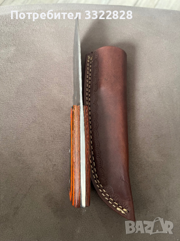 Ловен нож от Дамаска стомана дръжка дърво кожена кания, снимка 6 - Ножове - 44746180