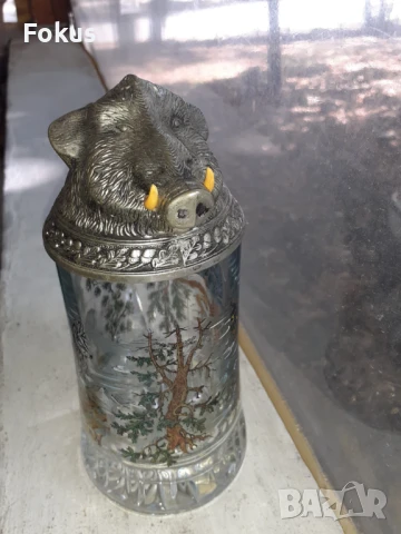 Стара немска халба за бира глиган ловна тематика, снимка 2 - Антикварни и старинни предмети - 51055207