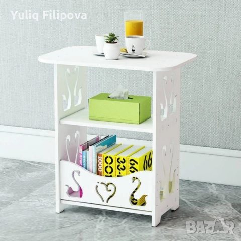 Компактна бяла PVC маса с декоративни изрязани орнаменти и три нива за съхранение, снимка 3 - Шкафове - 49031954