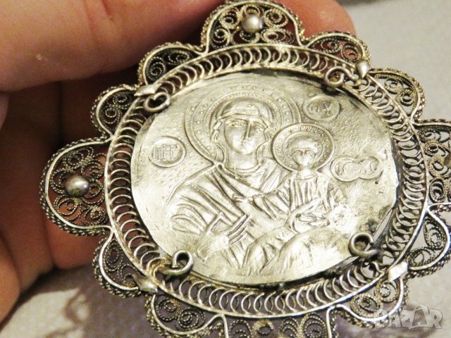 Възрожденска Сребърна икона, амулет, накит, медальон с Богородица, Дева Мария - Панагия 70 мм - Бого, снимка 10 - Антикварни и старинни предмети - 30339453