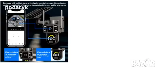 Соларна 12Мп камера сим карта Solar Camera 4G Sim 12MP 6K 10x Zoom 4x3MP с AI изкуствен.интелект, снимка 4 - IP камери - 48931747