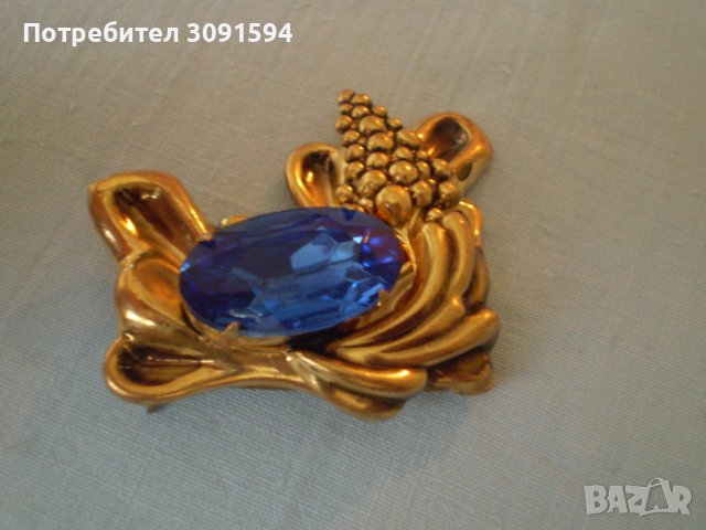 Винтидж  брошка панделка месинг синя апликация, снимка 2 - Антикварни и старинни предмети - 39290030