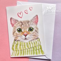 Картичка "Котка с шал", снимка 1 - Подаръци за жени - 29087002