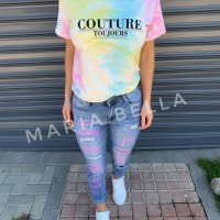 Цветна тениска със надпис Couture Toujours и камъчета, снимка 6 - Тениски - 29230948