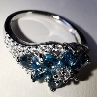 Елегантен сребърен 925 пръстен с родиево покритие и Натурални London Blue Топази и Циркони!, снимка 6 - Пръстени - 42381089