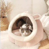 Пухкаво легло за котки с розови уши и играчка, пещера за вашата котка, снимка 4 - За котки - 44437655