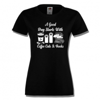 Дамска тениска A Good Day Starts With Coffee Cats & Books,Кафе,Изненада,Подарък,, снимка 7 - Тениски - 36427778
