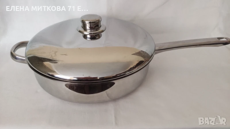 Масивен тиган от неръждаема стомана с двойно дъно с две дръжки и капак, снимка 1