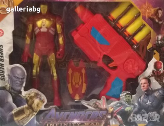 Комплект фигурка на Железният човек + пистолет с меки стрелички (Iron Man, Nerf, Marvel), снимка 1