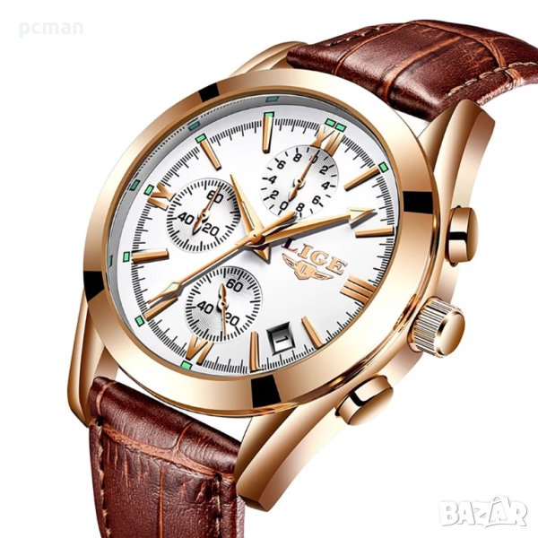 LIGE White Gold 9839 Луксозен мъжки кварцов часовник с кожена каишка, снимка 1