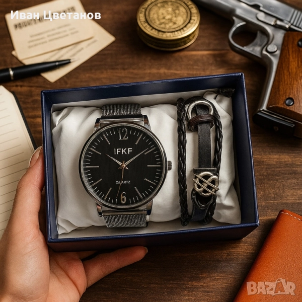 Мъжки комплект – кварцов часовник с метална верижка и стилна гривна в подаръчна кутия, снимка 1