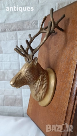 Месингова глава на елен с дървен постамент - 25/13см, снимка 7 - Антикварни и старинни предмети - 53082800