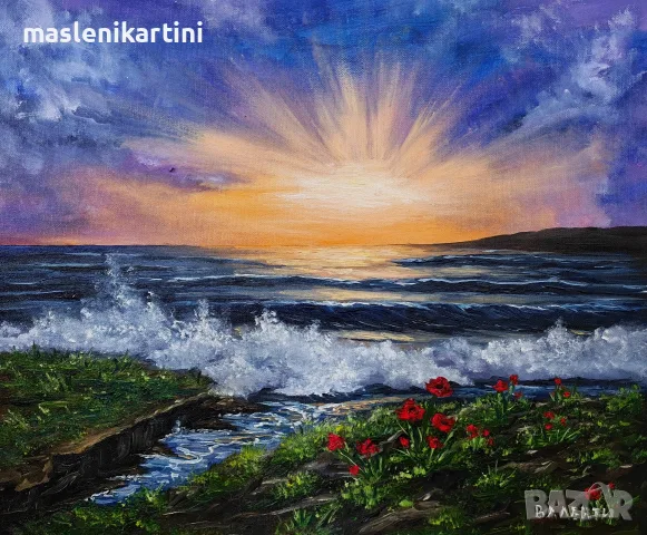 Морски пейзаж, вълна и залез 