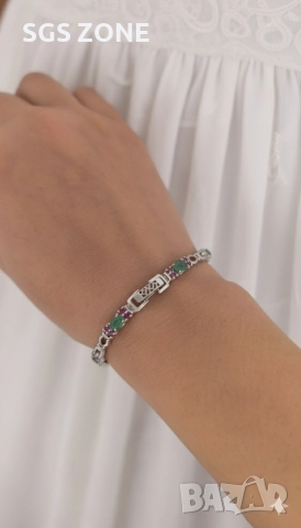 Ръчно изработена сребърна гривна с изумруди и рубини, снимка 5 - Гривни - 52569418