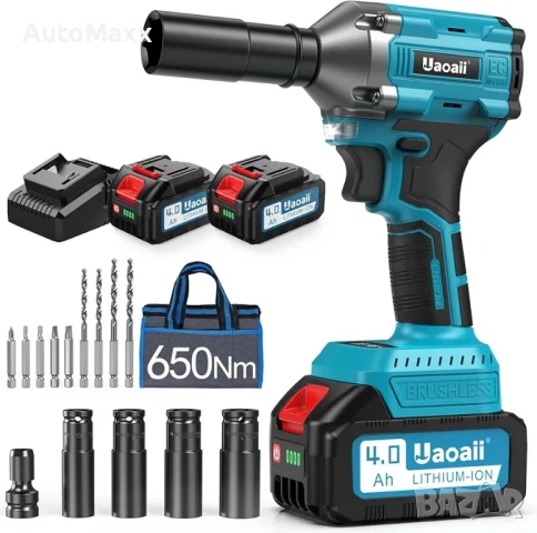 Ударен гайковерт Uaoaii 650 Nm с 2 броя батерии 4000 mAh и бързо зарядно

