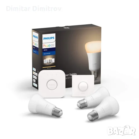 Нов Philips Hue White стартов комплект 3 умни LED крушки E27 806 лм, димируеми, за Alexa