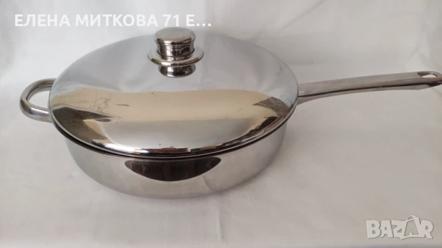 Масивен тиган от неръждаема стомана с двойно дъно с две дръжки и капак, снимка 1