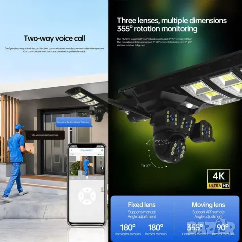 AI Соларна охранителна камера с LED осветление 2 в 1, 4G и Wi-Fi, Ultra HD 4K, 8MP, 4 обектива,, снимка 16 - Аксесоари и консумативи - 55868791